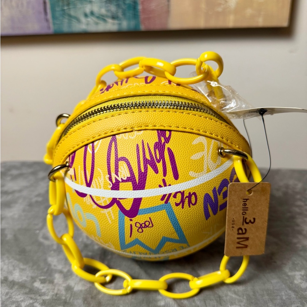 Brand New Yellow Graphic Round Bag with Chain - Picture 5 of 14